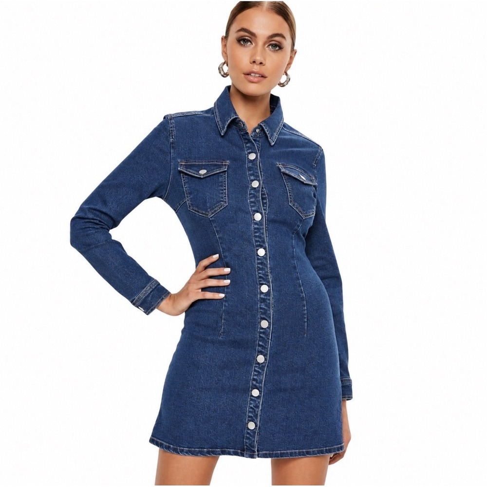 NEW! Zara Authentic Denim by TRF Button Front Denim Dress Long Sleeve Blue SZ L